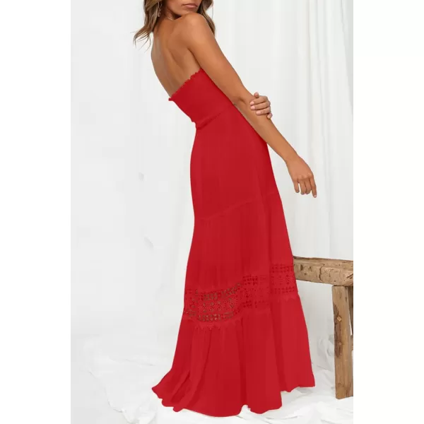 imageZESICA Womens 2024 Summer Bohemian Strapless Off Shoulder Lace Trim Backless Flowy A Line Beach Long Maxi DressFirered