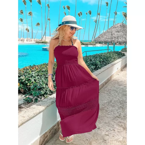 imageZESICA Womens 2024 Summer Bohemian Strapless Off Shoulder Lace Trim Backless Flowy A Line Beach Long Maxi DressFuchsia