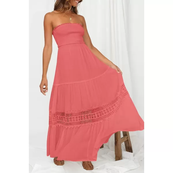 imageZESICA Womens 2024 Summer Bohemian Strapless Off Shoulder Lace Trim Backless Flowy A Line Beach Long Maxi DressPeach