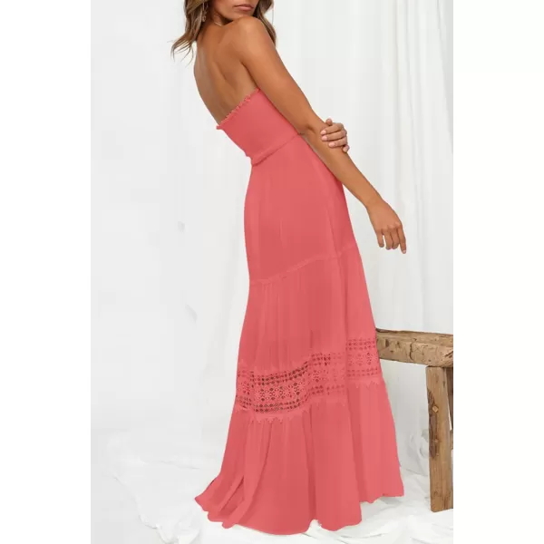 imageZESICA Womens 2024 Summer Bohemian Strapless Off Shoulder Lace Trim Backless Flowy A Line Beach Long Maxi DressPeach