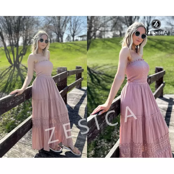 imageZESICA Womens 2024 Summer Bohemian Strapless Off Shoulder Lace Trim Backless Flowy A Line Beach Long Maxi DressPink