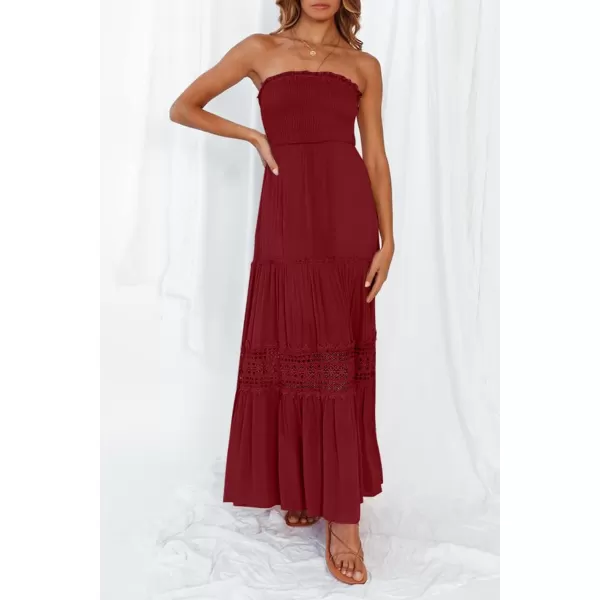imageZESICA Womens 2024 Summer Bohemian Strapless Off Shoulder Lace Trim Backless Flowy A Line Beach Long Maxi DressRed