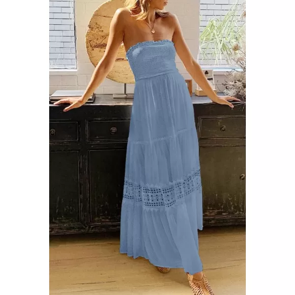 imageZESICA Womens 2024 Summer Bohemian Strapless Off Shoulder Lace Trim Backless Flowy A Line Beach Long Maxi DressSkyblue