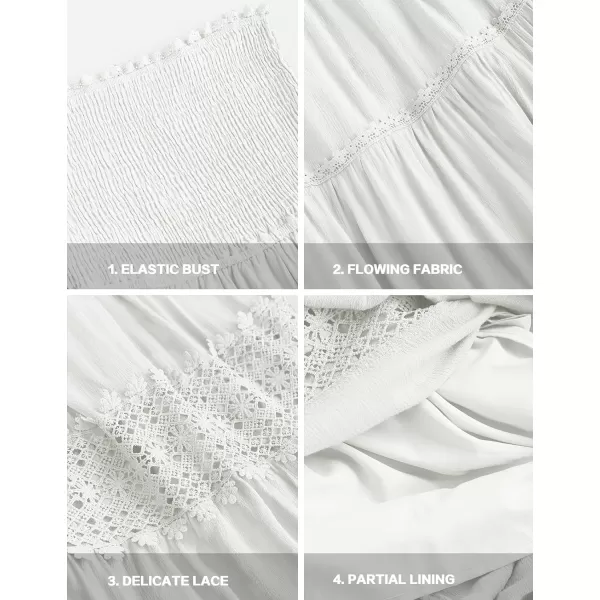 imageZESICA Womens 2024 Summer Bohemian Strapless Off Shoulder Lace Trim Backless Flowy A Line Beach Long Maxi DressWhite
