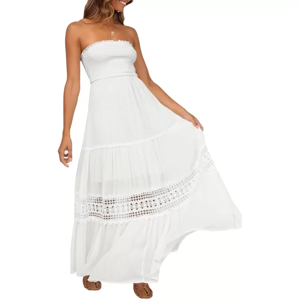 imageZESICA Womens 2024 Summer Bohemian Strapless Off Shoulder Lace Trim Backless Flowy A Line Beach Long Maxi DressWhite