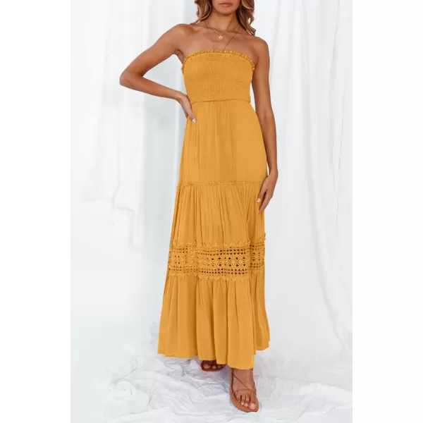 imageZESICA Womens 2024 Summer Bohemian Strapless Off Shoulder Lace Trim Backless Flowy A Line Beach Long Maxi DressYellow