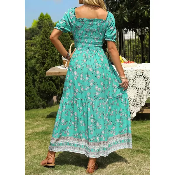 imageZESICA Womens 2024 Summer Boho Floral Print Square Neck Ruffle Swing Beach Long Maxi DressAqua