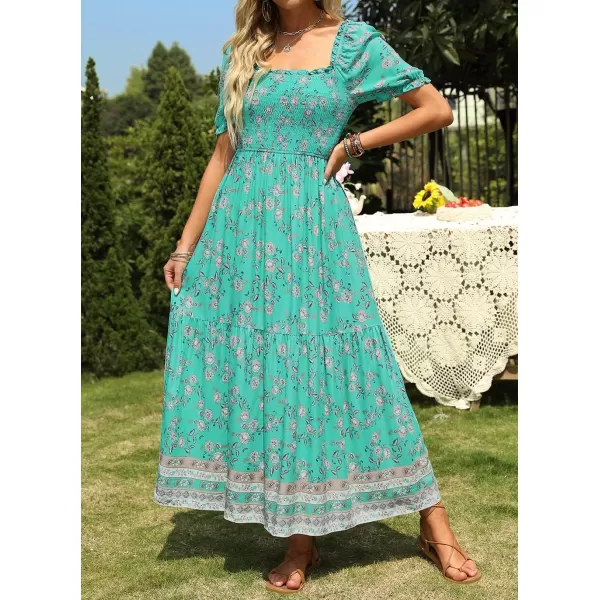 imageZESICA Womens 2024 Summer Boho Floral Print Square Neck Ruffle Swing Beach Long Maxi DressAqua