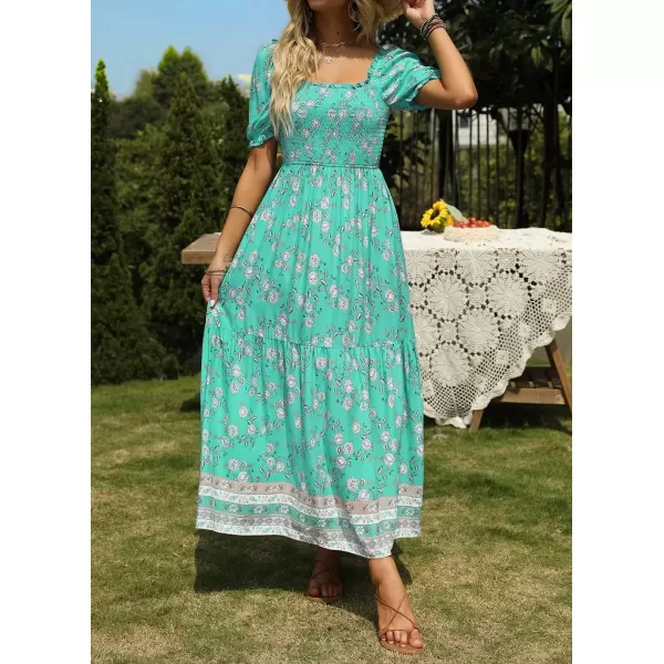 imageZESICA Womens 2024 Summer Boho Floral Print Square Neck Ruffle Swing Beach Long Maxi DressAqua