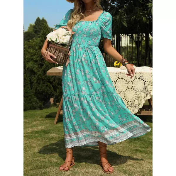 imageZESICA Womens 2024 Summer Boho Floral Print Square Neck Ruffle Swing Beach Long Maxi DressAqua
