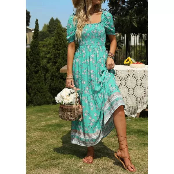 imageZESICA Womens 2024 Summer Boho Floral Print Square Neck Ruffle Swing Beach Long Maxi DressAqua