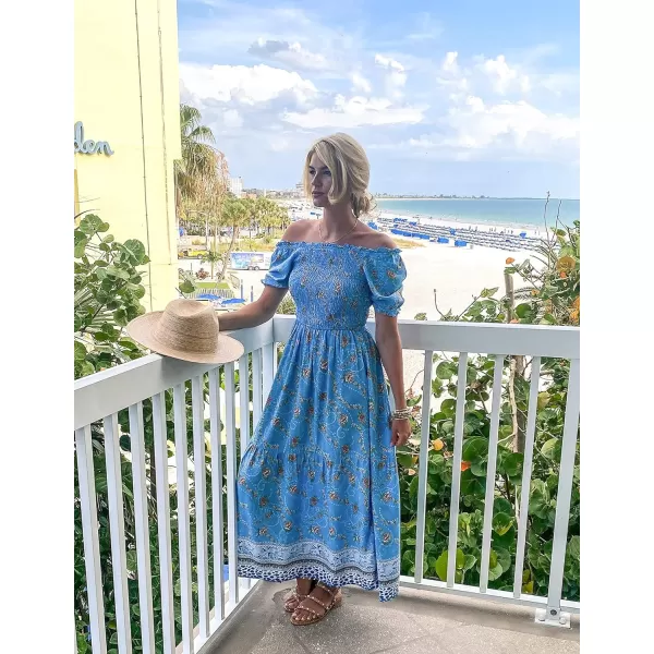 imageZESICA Womens 2024 Summer Boho Floral Print Square Neck Ruffle Swing Beach Long Maxi DressBlue