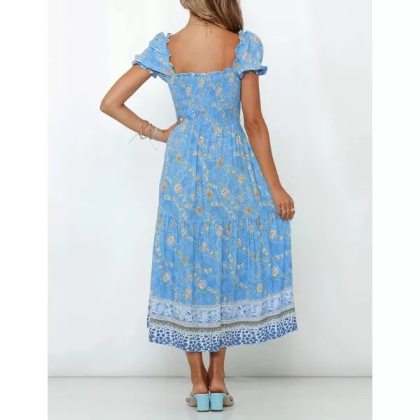 imageZESICA Womens 2024 Summer Boho Floral Print Square Neck Ruffle Swing Beach Long Maxi DressBlue
