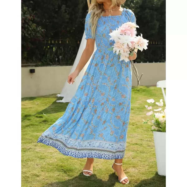 imageZESICA Womens 2024 Summer Boho Floral Print Square Neck Ruffle Swing Beach Long Maxi DressBlue