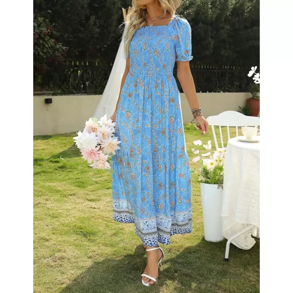 imageZESICA Womens 2024 Summer Boho Floral Print Square Neck Ruffle Swing Beach Long Maxi DressBlue