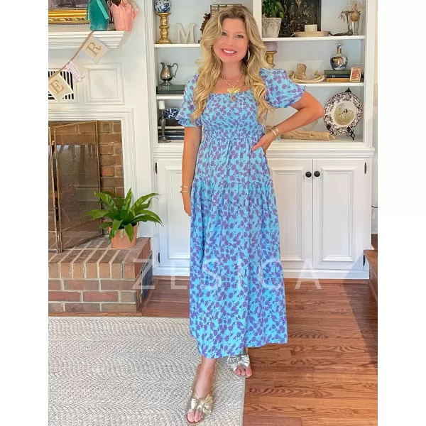 imageZESICA Womens 2024 Summer Boho Floral Print Square Neck Ruffle Swing Beach Long Maxi DressBluishviolet