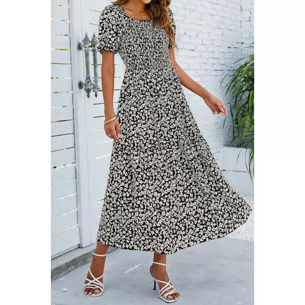 imageZESICA Womens 2024 Summer Boho Floral Print Square Neck Ruffle Swing Beach Long Maxi DressCharcoal