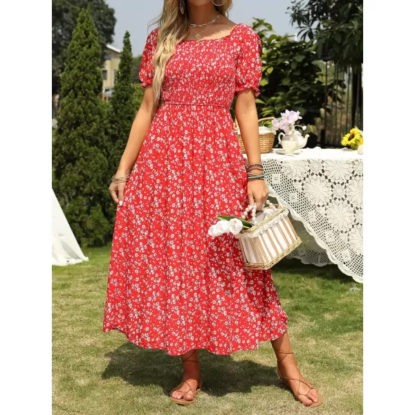 imageZESICA Womens 2024 Summer Boho Floral Print Square Neck Ruffle Swing Beach Long Maxi DressCherry