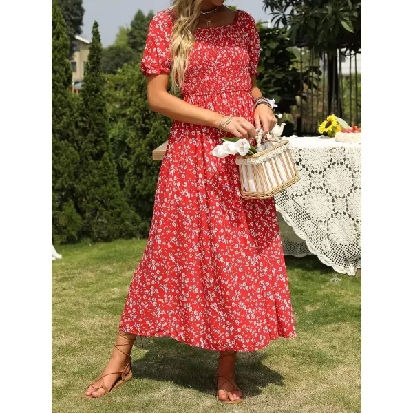 imageZESICA Womens 2024 Summer Boho Floral Print Square Neck Ruffle Swing Beach Long Maxi DressCherry