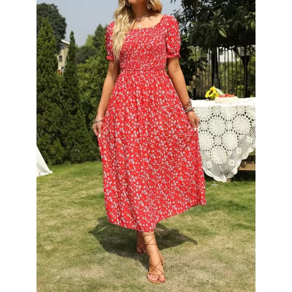 imageZESICA Womens 2024 Summer Boho Floral Print Square Neck Ruffle Swing Beach Long Maxi DressCherry