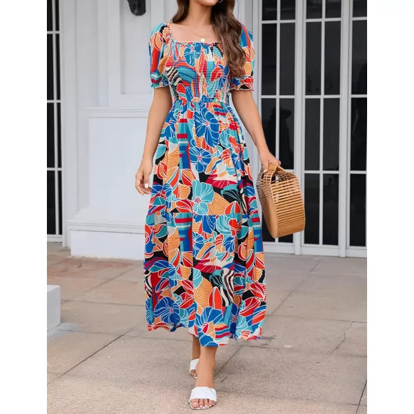 imageZESICA Womens 2024 Summer Boho Floral Print Square Neck Ruffle Swing Beach Long Maxi DressGreenblue