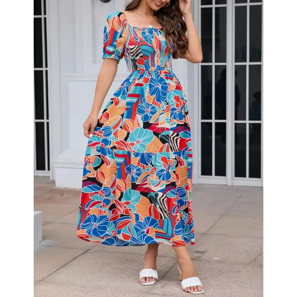 imageZESICA Womens 2024 Summer Boho Floral Print Square Neck Ruffle Swing Beach Long Maxi DressGreenblue