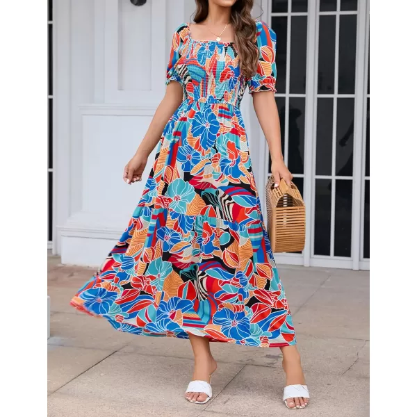 imageZESICA Womens 2024 Summer Boho Floral Print Square Neck Ruffle Swing Beach Long Maxi DressGreenblue