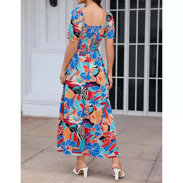 imageZESICA Womens 2024 Summer Boho Floral Print Square Neck Ruffle Swing Beach Long Maxi DressGreenblue