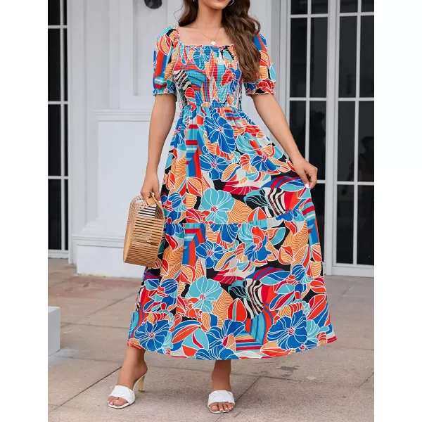 imageZESICA Womens 2024 Summer Boho Floral Print Square Neck Ruffle Swing Beach Long Maxi DressGreenblue
