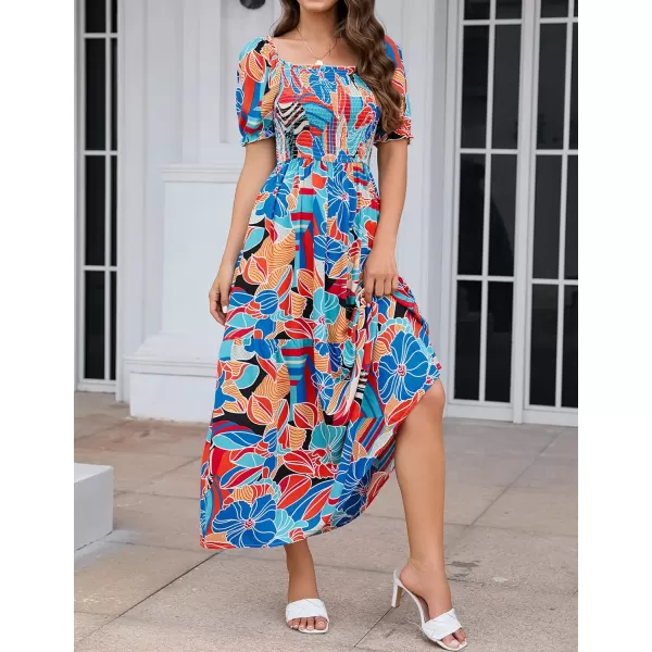 imageZESICA Womens 2024 Summer Boho Floral Print Square Neck Ruffle Swing Beach Long Maxi DressGreenblue