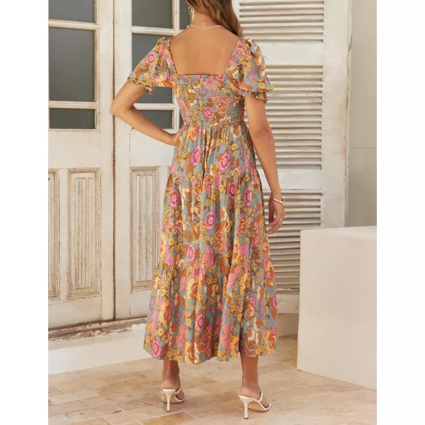 imageZESICA Womens 2024 Summer Boho Floral Print Square Neck Ruffle Swing Beach Long Maxi DressGreygreen