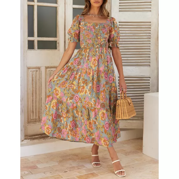 imageZESICA Womens 2024 Summer Boho Floral Print Square Neck Ruffle Swing Beach Long Maxi DressGreygreen