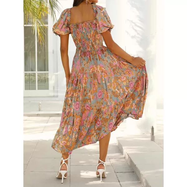 imageZESICA Womens 2024 Summer Boho Floral Print Square Neck Ruffle Swing Beach Long Maxi DressGreygreen