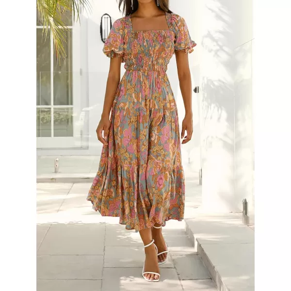 imageZESICA Womens 2024 Summer Boho Floral Print Square Neck Ruffle Swing Beach Long Maxi DressGreygreen