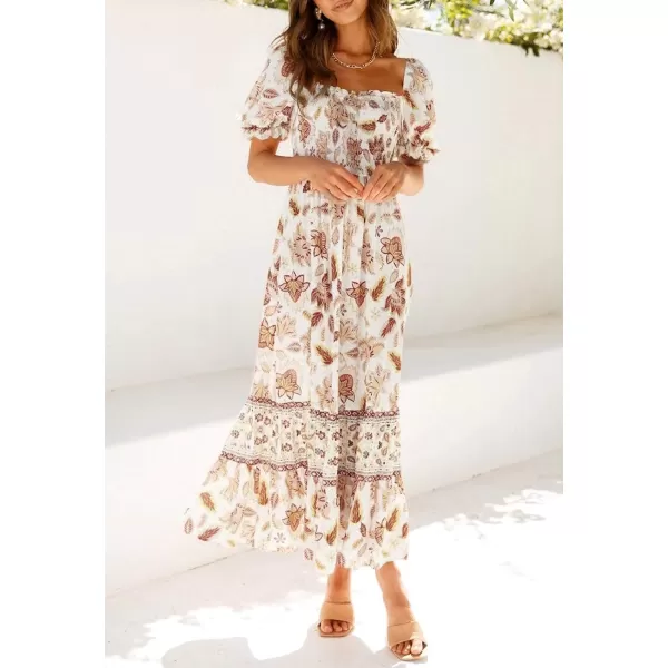 imageZESICA Womens 2024 Summer Boho Floral Print Square Neck Ruffle Swing Beach Long Maxi DressIvory