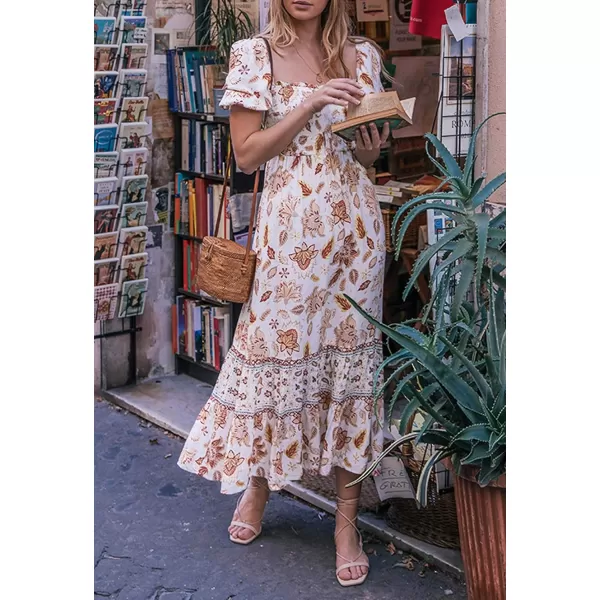 imageZESICA Womens 2024 Summer Boho Floral Print Square Neck Ruffle Swing Beach Long Maxi DressIvory
