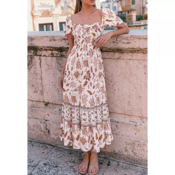 imageZESICA Womens 2024 Summer Boho Floral Print Square Neck Ruffle Swing Beach Long Maxi DressIvory