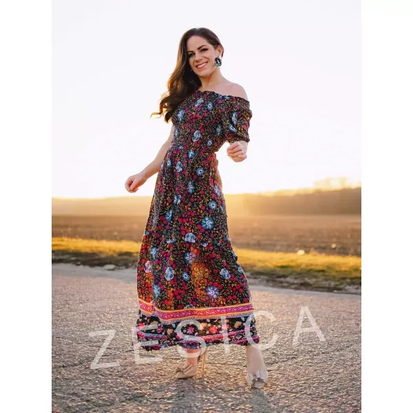 imageZESICA Womens 2024 Summer Boho Floral Print Square Neck Ruffle Swing Beach Long Maxi DressNavy