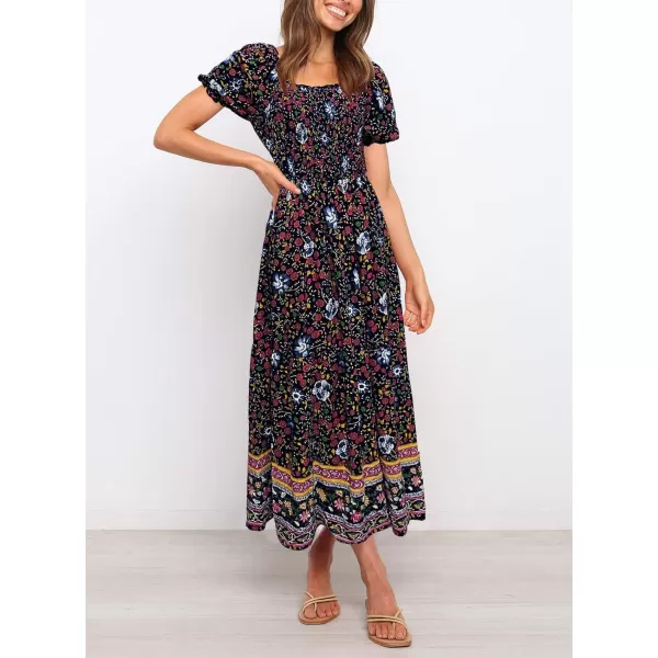 imageZESICA Womens 2024 Summer Boho Floral Print Square Neck Ruffle Swing Beach Long Maxi DressNavy