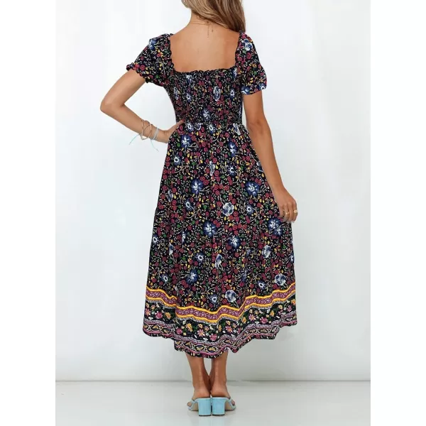 imageZESICA Womens 2024 Summer Boho Floral Print Square Neck Ruffle Swing Beach Long Maxi DressNavy