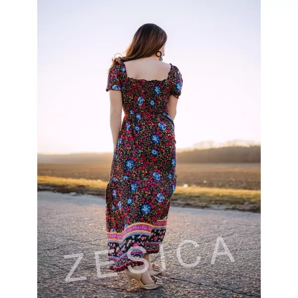 imageZESICA Womens 2024 Summer Boho Floral Print Square Neck Ruffle Swing Beach Long Maxi DressNavy
