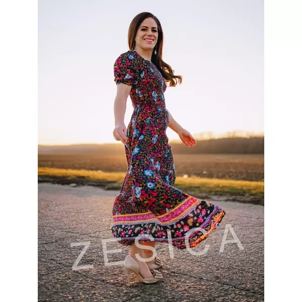 imageZESICA Womens 2024 Summer Boho Floral Print Square Neck Ruffle Swing Beach Long Maxi DressNavy