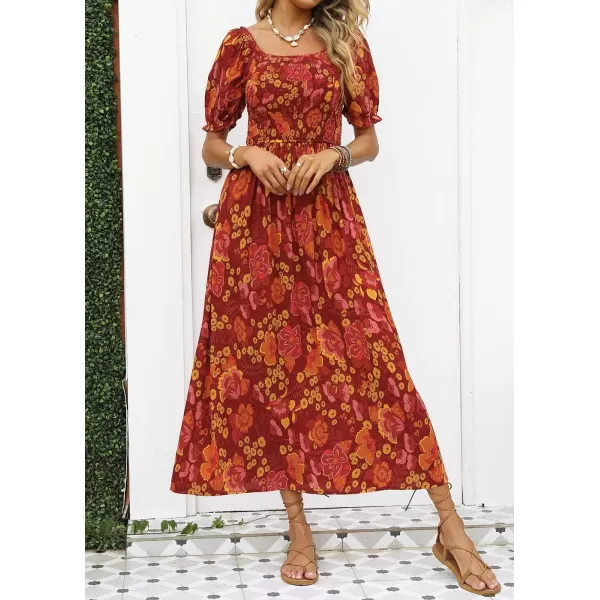 imageZESICA Womens 2024 Summer Boho Floral Print Square Neck Ruffle Swing Beach Long Maxi DressOrangeRed