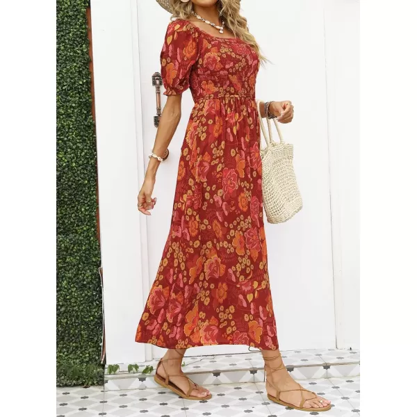 imageZESICA Womens 2024 Summer Boho Floral Print Square Neck Ruffle Swing Beach Long Maxi DressOrangeRed
