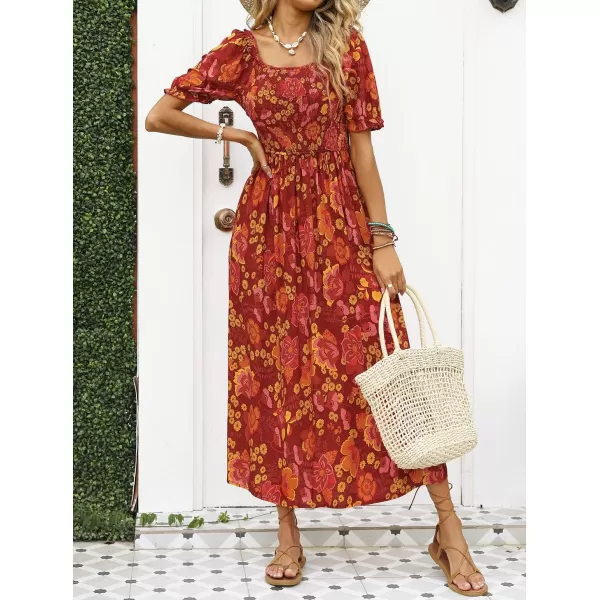 imageZESICA Womens 2024 Summer Boho Floral Print Square Neck Ruffle Swing Beach Long Maxi DressOrangeRed