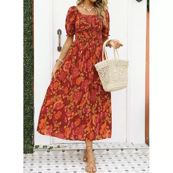 imageZESICA Womens 2024 Summer Boho Floral Print Square Neck Ruffle Swing Beach Long Maxi DressOrangeRed