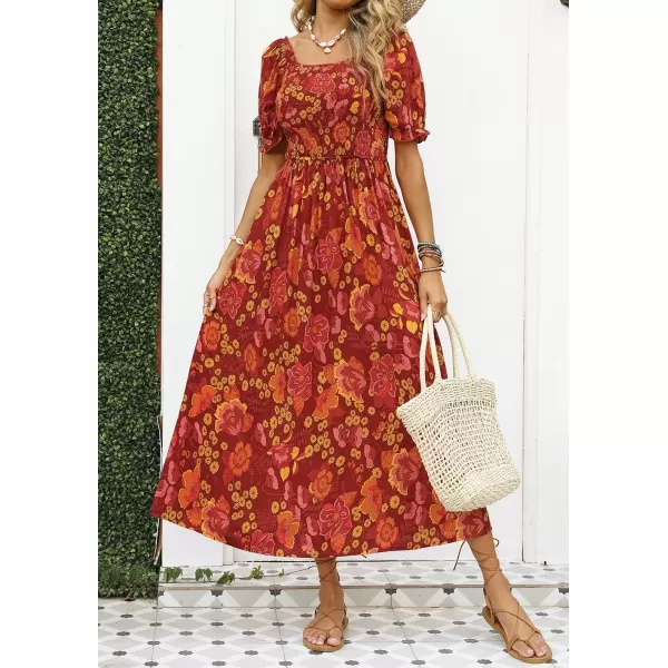 imageZESICA Womens 2024 Summer Boho Floral Print Square Neck Ruffle Swing Beach Long Maxi DressOrangeRed