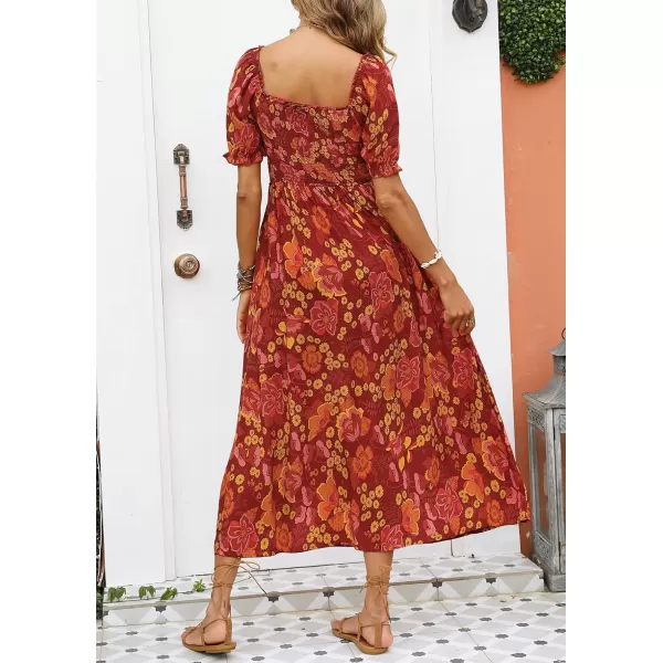 imageZESICA Womens 2024 Summer Boho Floral Print Square Neck Ruffle Swing Beach Long Maxi DressOrangeRed