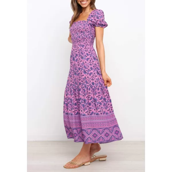 imageZESICA Womens 2024 Summer Boho Floral Print Square Neck Ruffle Swing Beach Long Maxi DressPurple