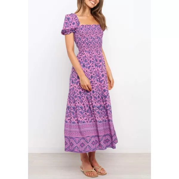 imageZESICA Womens 2024 Summer Boho Floral Print Square Neck Ruffle Swing Beach Long Maxi DressPurple